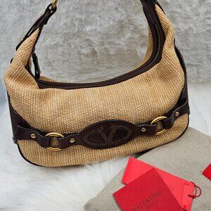 Valentino G Brown/Beige Raffia Hobo Bag